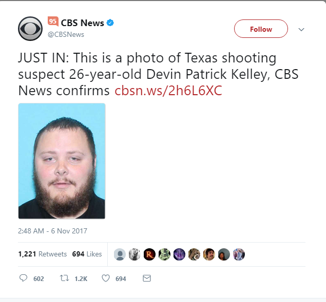 Devin Patrick Kelly Sutherland Springs Church shooter, CBS tweet
