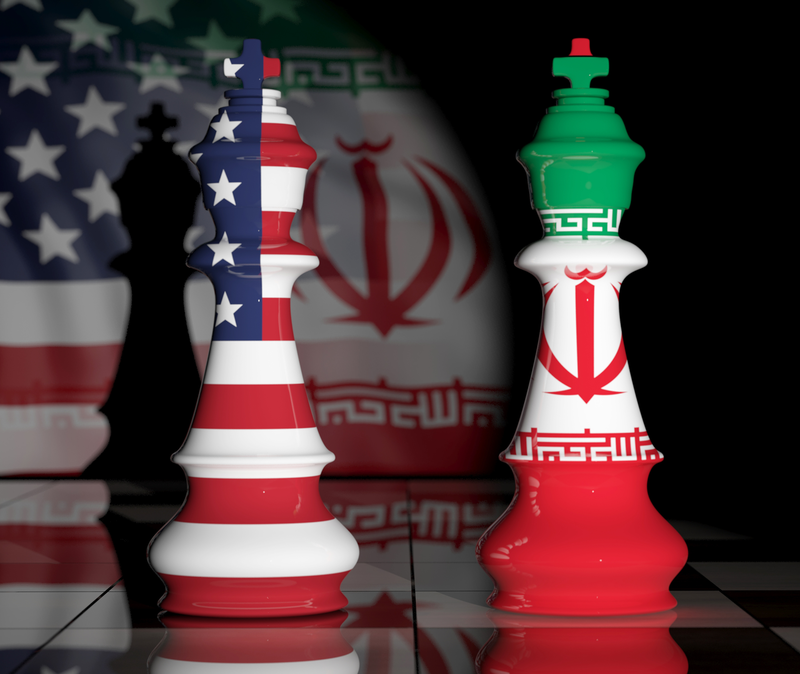 iran america as flag-patterned chess pieces