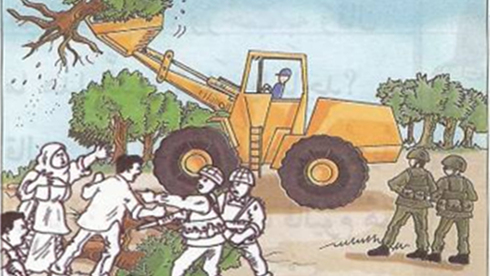 Image from 2nd grade UNRWA textbook of israeli soldiers stealing Arab land