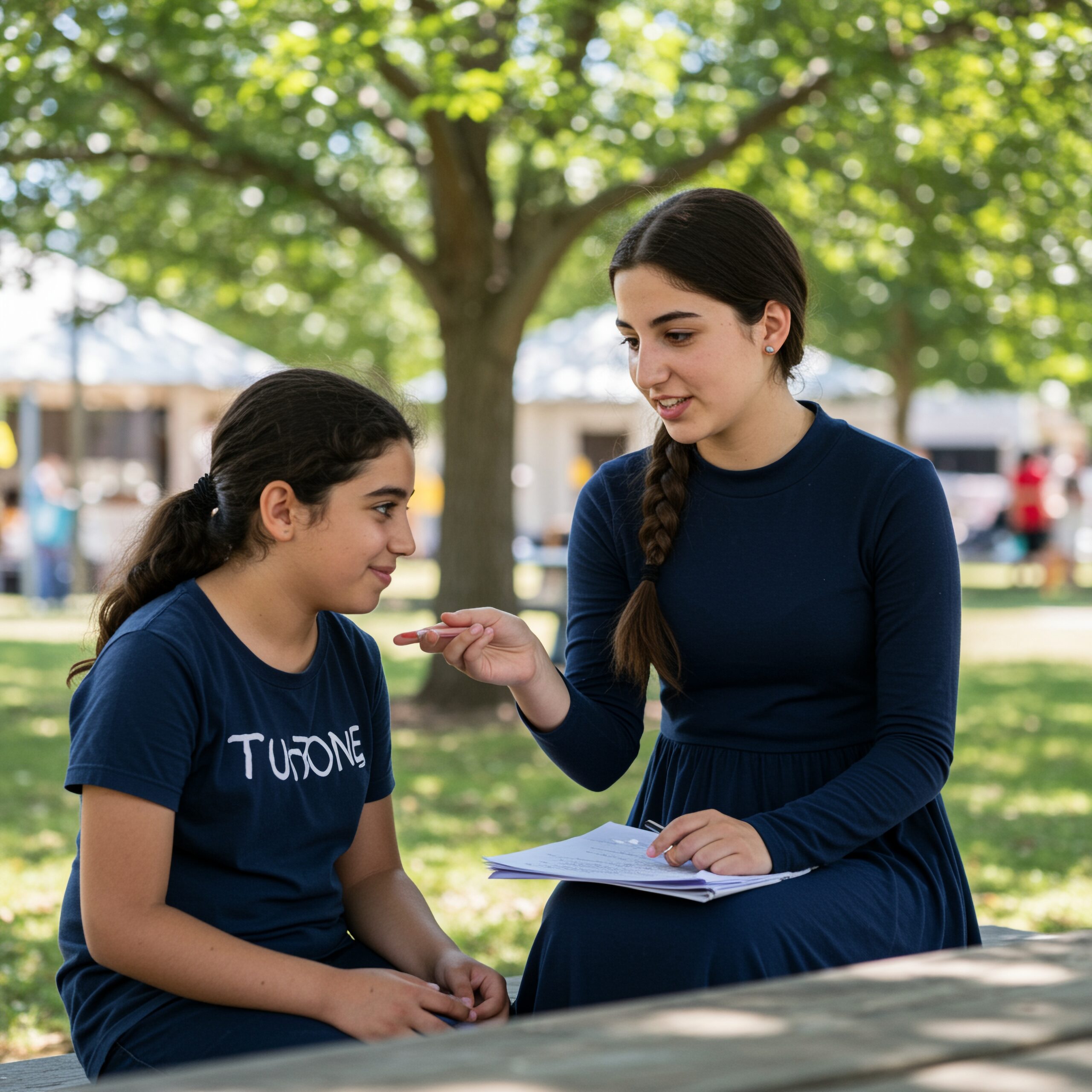 Orthodox,Jewish,Young,Girl,Counselor,Wearing,Modest,Long-sleeved,Dress,mentors younger girl